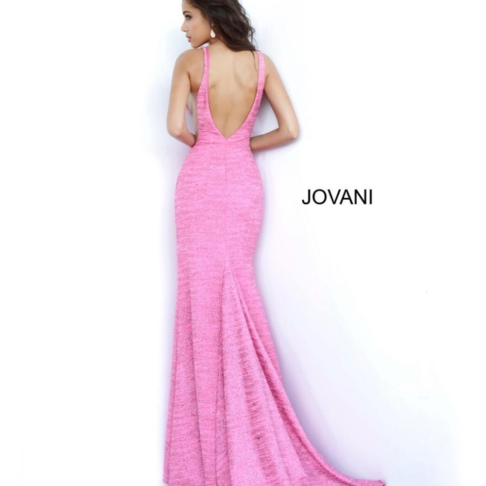 Jovani Royal V Neck Fitted Gown Dresss Hot Pink Metallic Shimmer Prom Wedding - Picture 13 of 16
